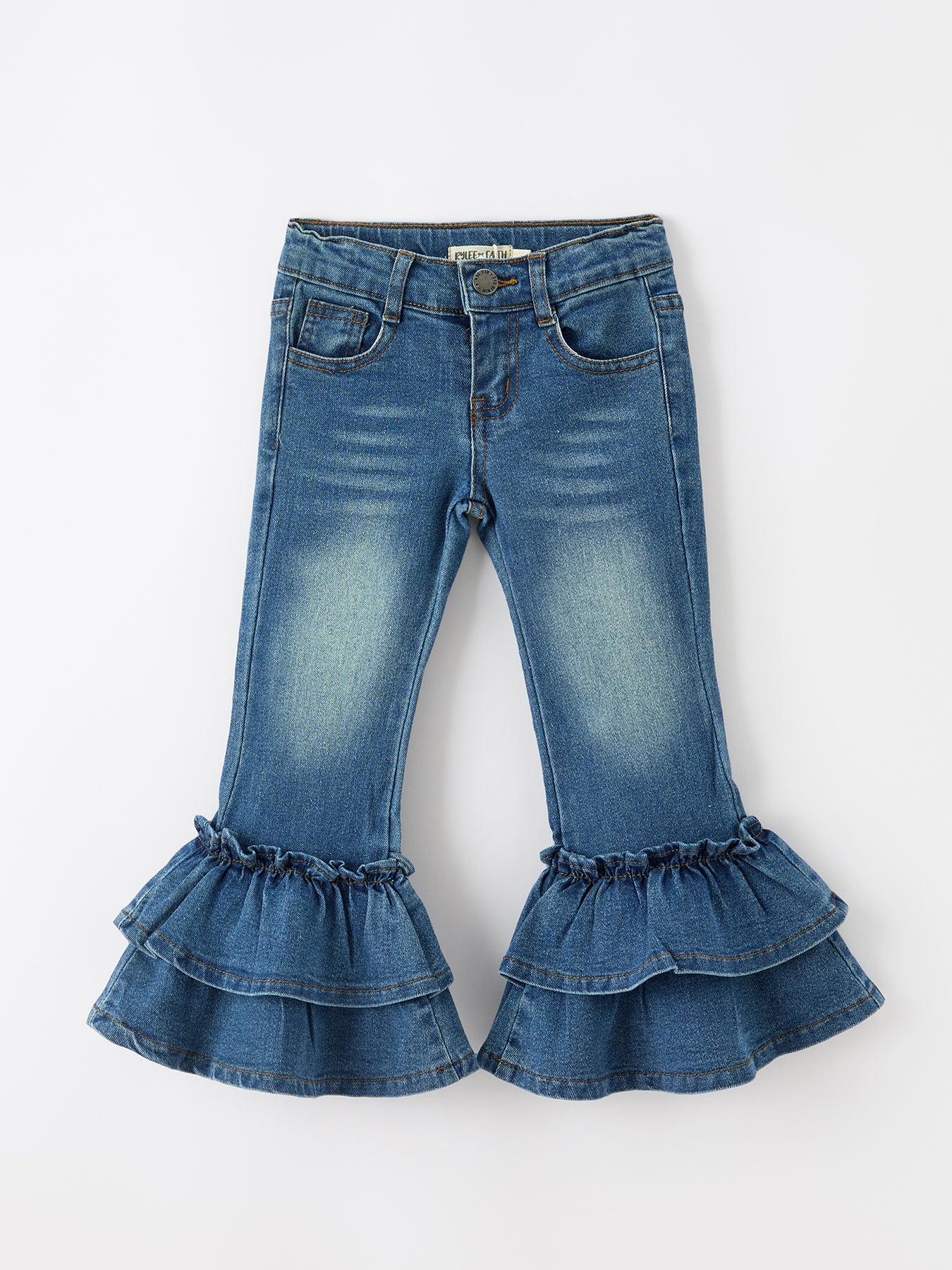 Girls Double Ruffle Bell Bottom Denim Jeans | Boutique Flare Pants