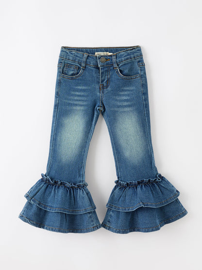 Girls Double Ruffle Bell Bottom Denim Jeans | Boutique Flare Pants
