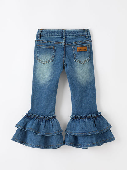 Girls Double Ruffle Bell Bottom Denim Jeans | Boutique Flare Pants
