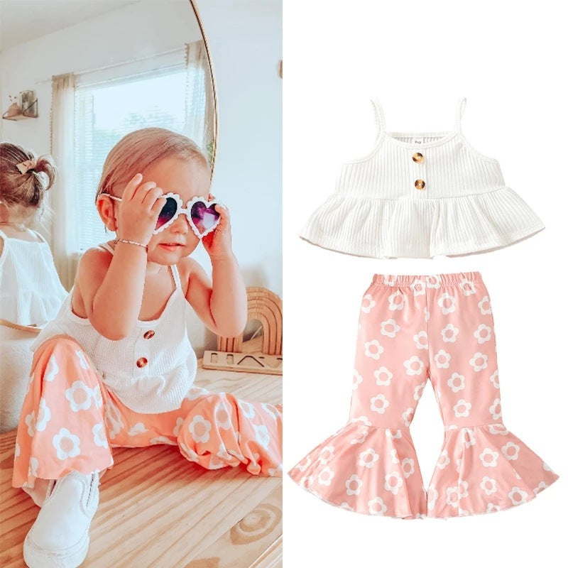 Girls Floral Spaghetti Strap Top & Flared Pants Set | Cotton Summer 2-Piece Outfit