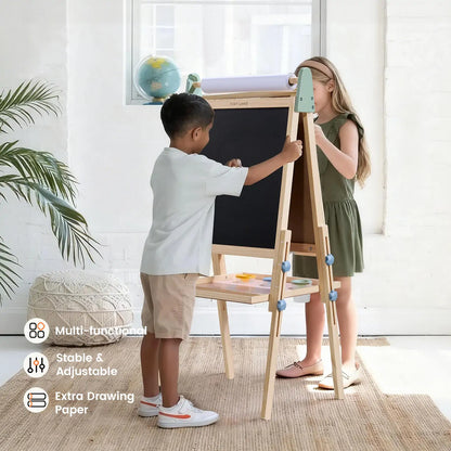 Tiny Land® 3-in-1 Kids Art Easel – Double-Sided Chalkboard & Magnetic Whiteboard with 2 Paper Rolls
