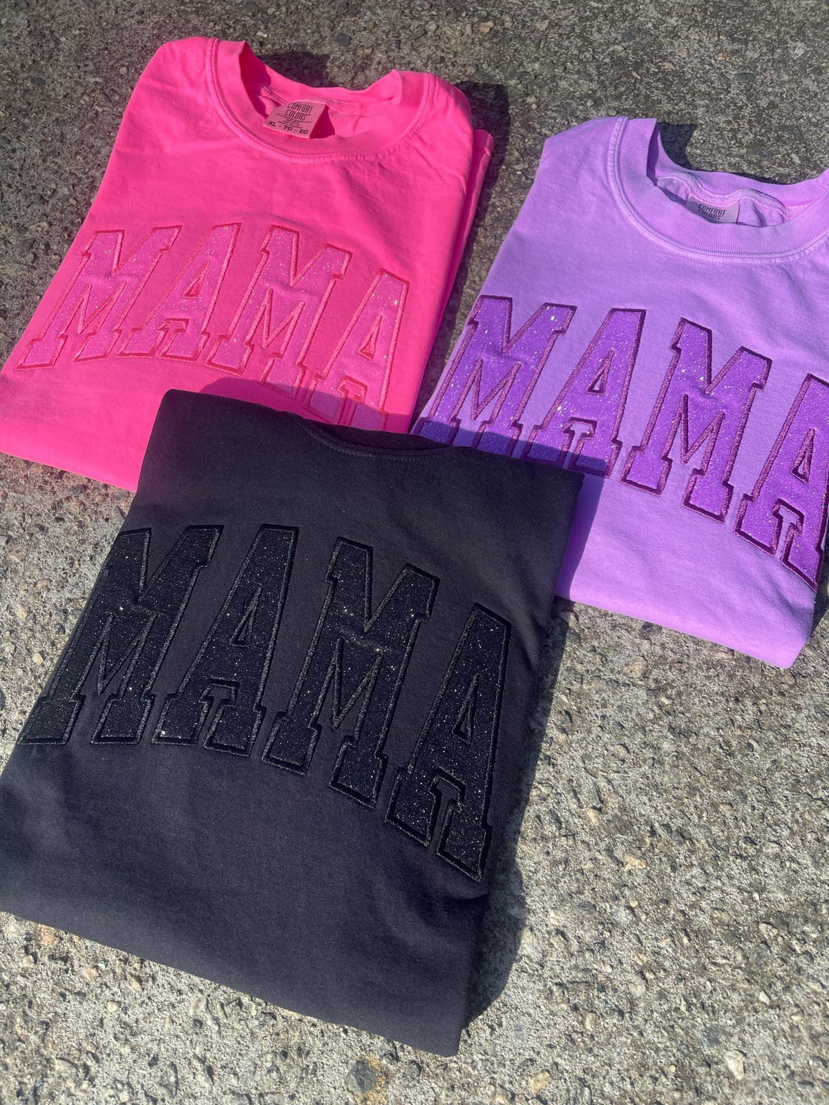 Mama Glitter Appliqué Embroidered Comfort Colors Short Sleeve Shirt