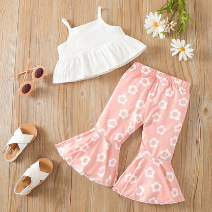 Girls Floral Spaghetti Strap Top & Flared Pants Set | Cotton Summer 2-Piece Outfit