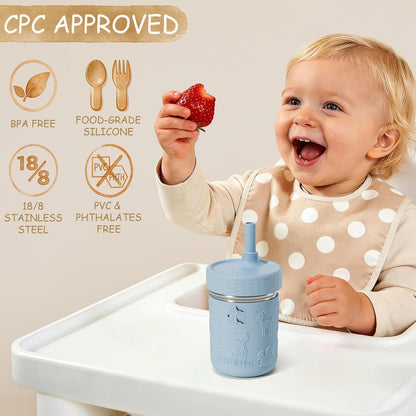 Toddler Cups Spill Proof, 8 OZ Stainless Steel Sippy Cups for Kids | Tumbler with Lid, Removable Silicone Straw & Sleeve, BPA Free Dishwasher Safe Girls Boys Water Bottle Snack Container