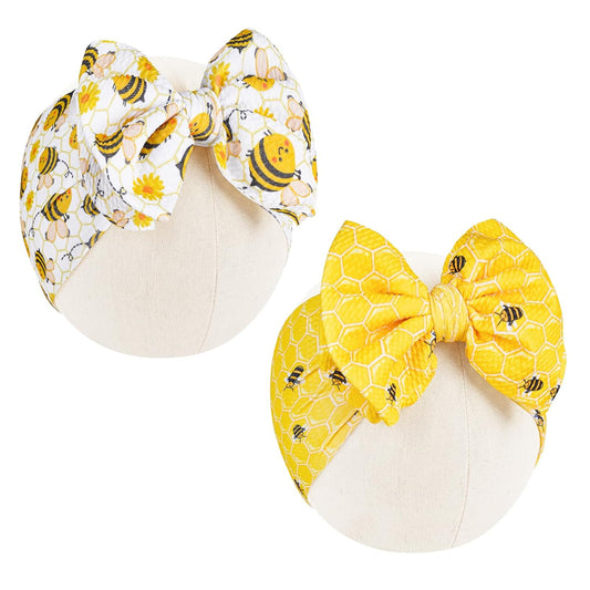 2Pcs Bee Baby Headband Yellow Hair Bows for Girls Large Spring Summer Flower Headband Toddler Girls Nylon Hair Accessories Big Bows Hairband