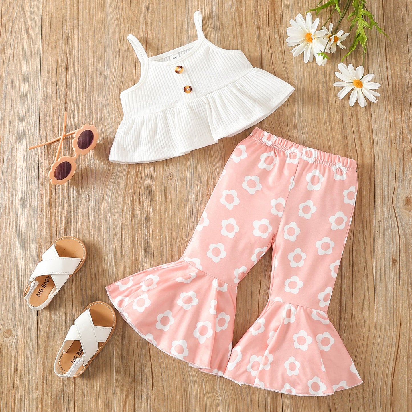 Girls Floral Spaghetti Strap Top & Flared Pants Set | Cotton Summer 2-Piece Outfit