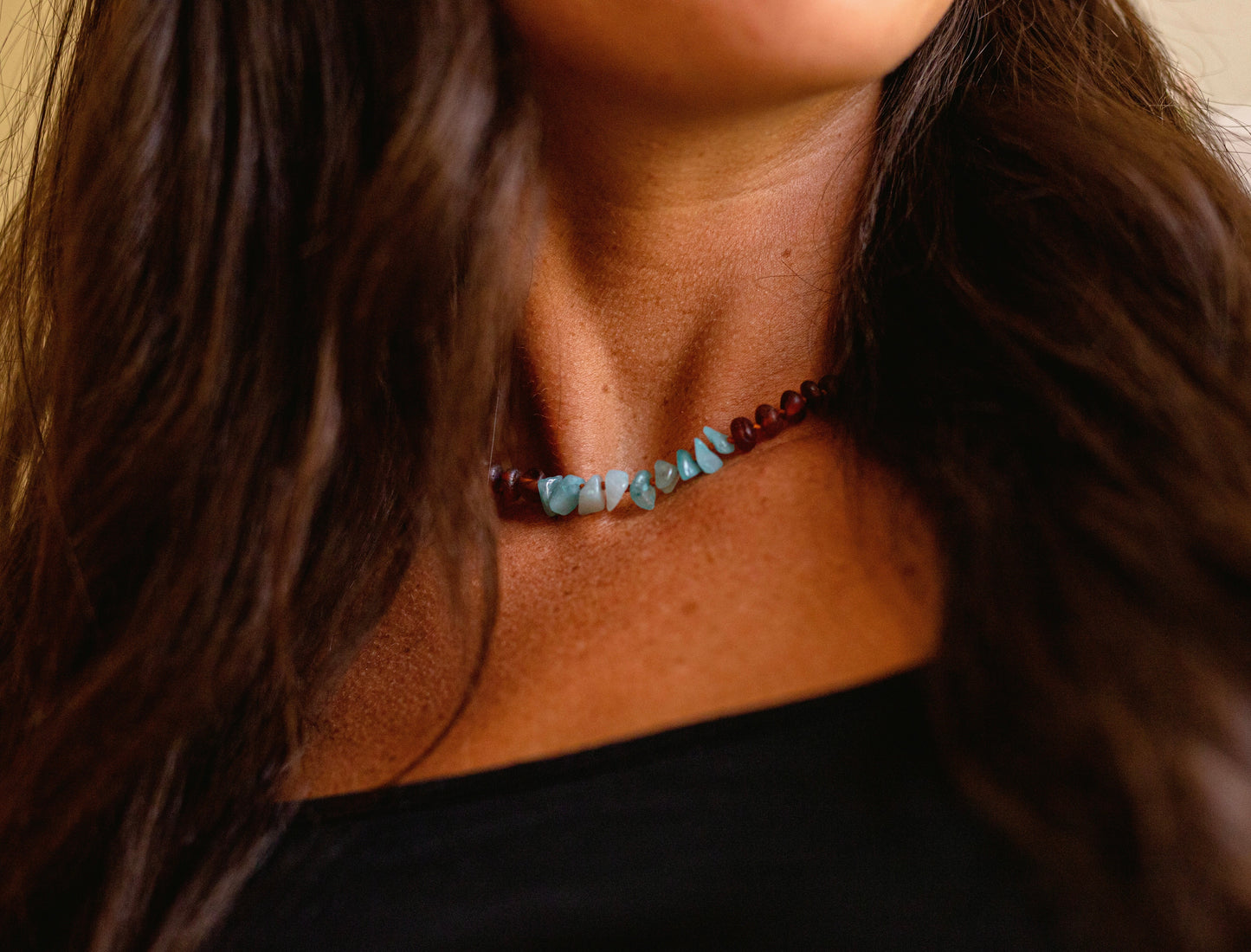 Raw Cognac Baltic Amber & Aquamarine Baby Teething Necklace – Handmade Genuine Baltic Amber Jewelry
