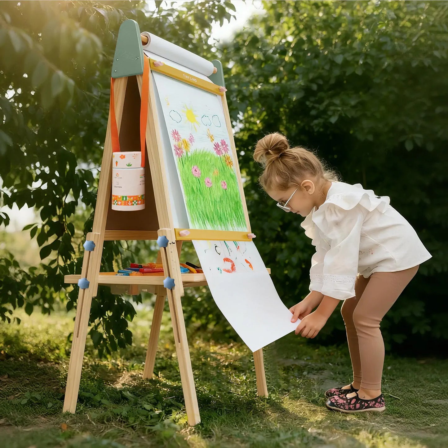 Tiny Land® 3-in-1 Kids Art Easel – Double-Sided Chalkboard & Magnetic Whiteboard with 2 Paper Rolls