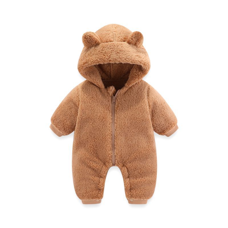 Baby Coral Fleece Hooded Romper | Warm Zip-Up Onesie for Newborns & Infants