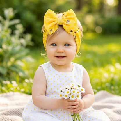 2Pcs Bee Baby Headband Yellow Hair Bows for Girls Large Spring Summer Flower Headband Toddler Girls Nylon Hair Accessories Big Bows Hairband