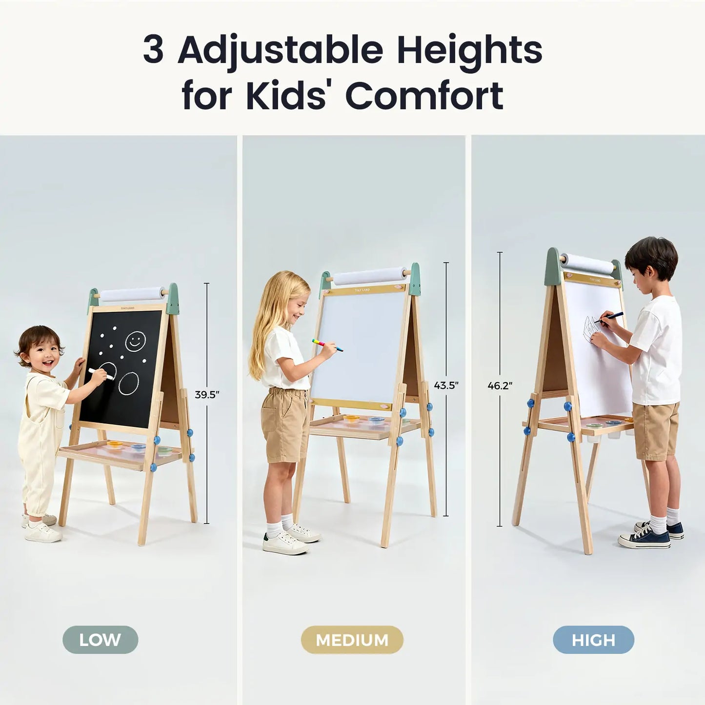 Tiny Land® 3-in-1 Kids Art Easel – Double-Sided Chalkboard & Magnetic Whiteboard with 2 Paper Rolls