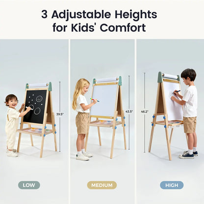 Tiny Land® 3-in-1 Kids Art Easel – Double-Sided Chalkboard & Magnetic Whiteboard with 2 Paper Rolls
