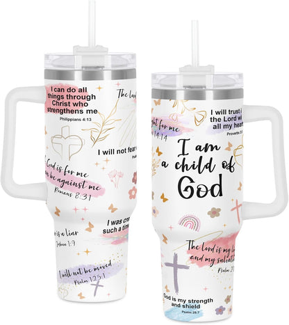 Child of God Christian Affirmation Tumbler, Religious Inspiration Gift for Christian Women, Christian Bible Verse 40 Oz Tumbler with Handle