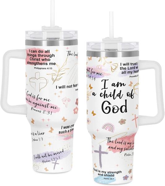 Child of God Christian Affirmation Tumbler, Religious Inspiration Gift for Christian Women, Christian Bible Verse 40 Oz Tumbler with Handle