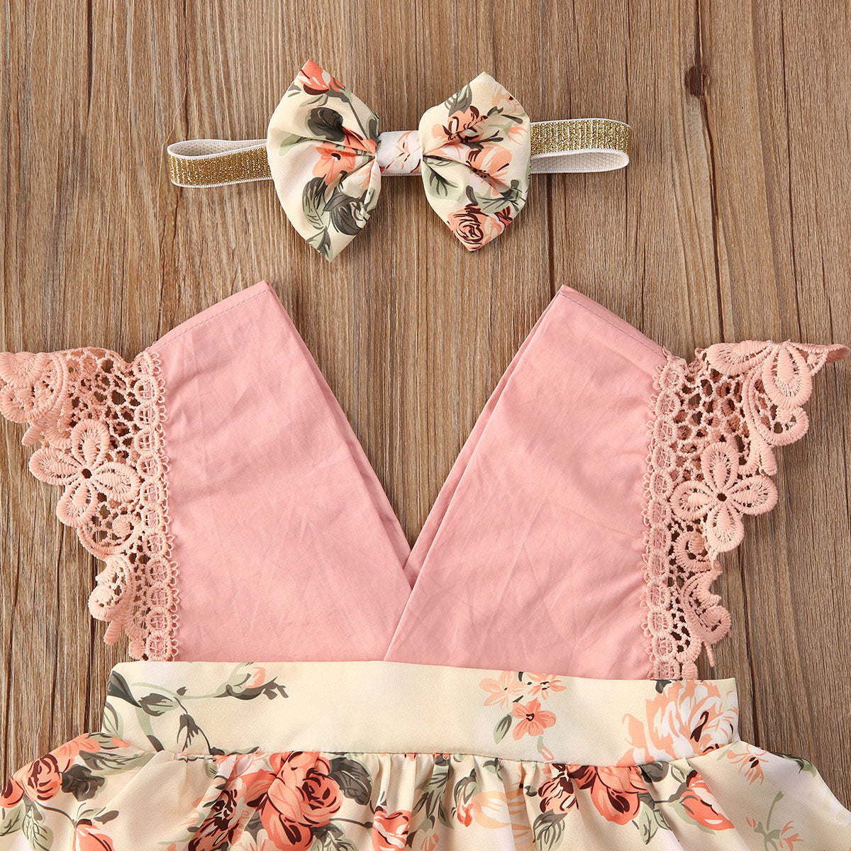Baby Girl Floral Lace Romper with Headband | Sleeveless V-Neck Jumpsuit