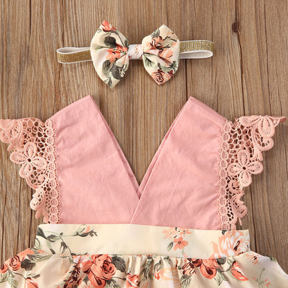 Baby Girl Floral Lace Romper with Headband | Sleeveless V-Neck Jumpsuit