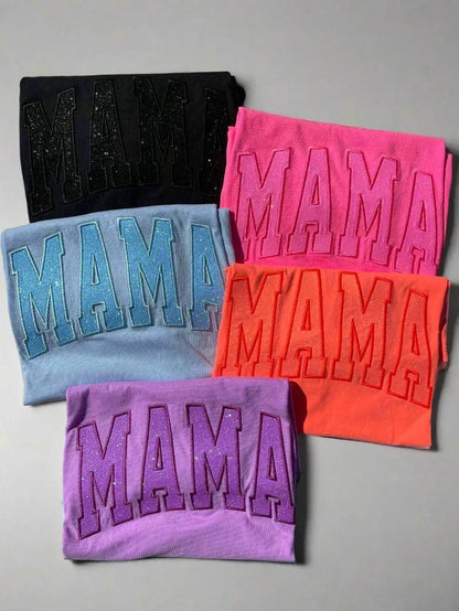 Mama Glitter Appliqué Embroidered Comfort Colors Short Sleeve Shirt