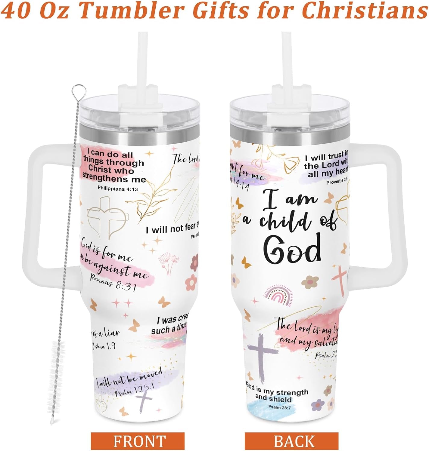 Child of God Christian Affirmation Tumbler, Religious Inspiration Gift for Christian Women, Christian Bible Verse 40 Oz Tumbler with Handle