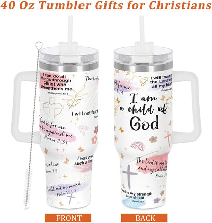 Child of God Christian Affirmation Tumbler, Religious Inspiration Gift for Christian Women, Christian Bible Verse 40 Oz Tumbler with Handle