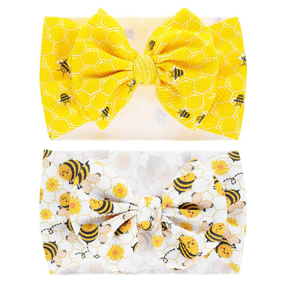 2Pcs Bee Baby Headband Yellow Hair Bows for Girls Large Spring Summer Flower Headband Toddler Girls Nylon Hair Accessories Big Bows Hairband