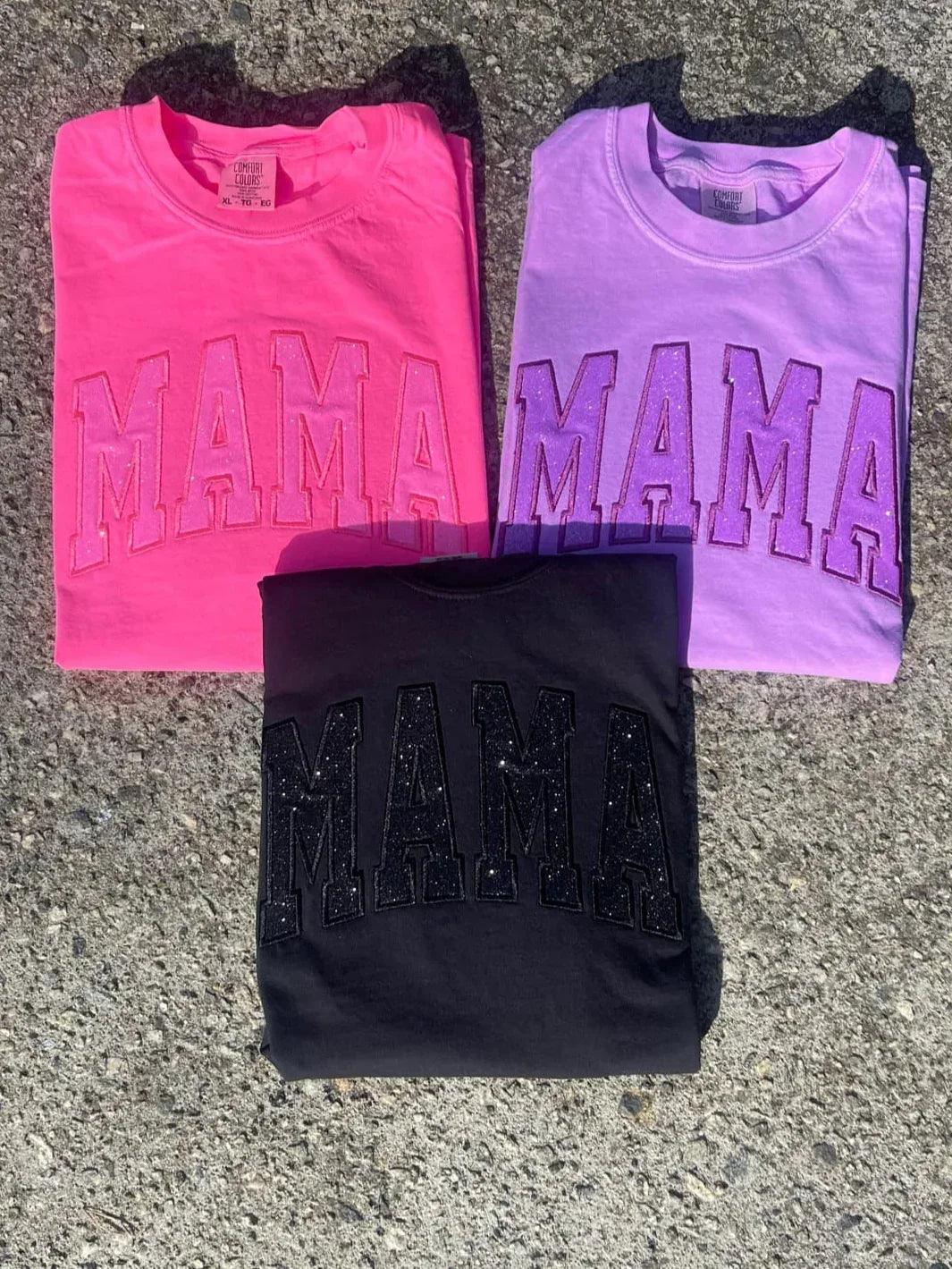 Mama Glitter Appliqué Embroidered Comfort Colors Short Sleeve Shirt