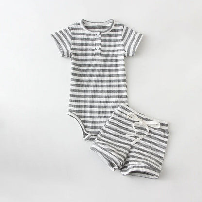 Boys Summer Short Sleeve Top & Shorts Set | Stripe & Solid Colors