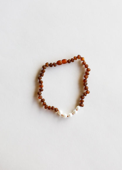 Raw Cognac Baltic Amber & Pearl Baby Teething Necklace – Handmade Genuine Baltic Amber Jewelry