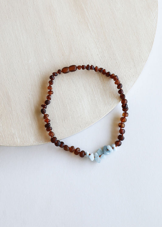 Raw Cognac Baltic Amber & Aquamarine Baby Teething Necklace – Handmade Genuine Baltic Amber Jewelry