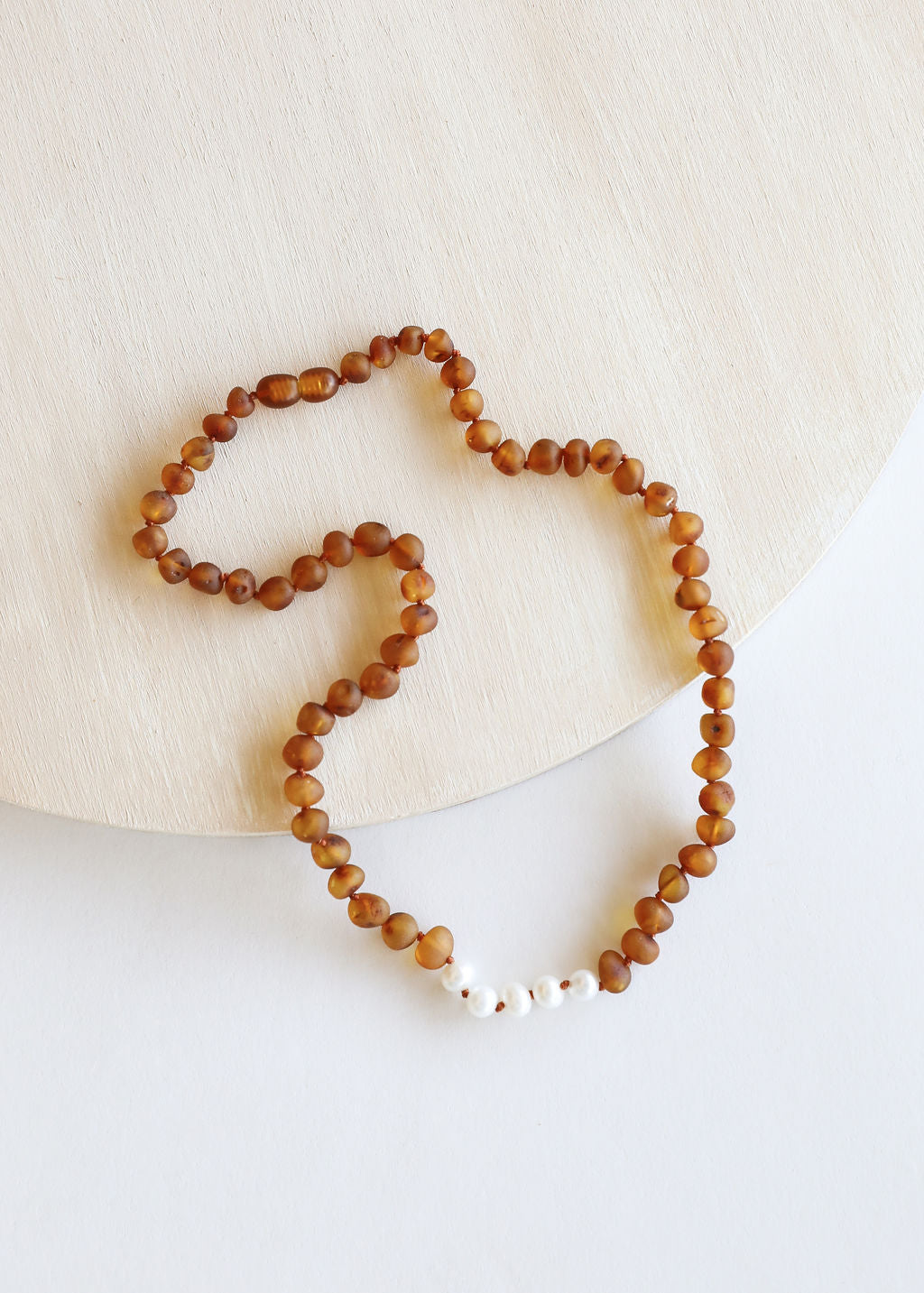 Raw Cognac Baltic Amber & Pearl Baby Teething Necklace – Handmade Genuine Baltic Amber Jewelry