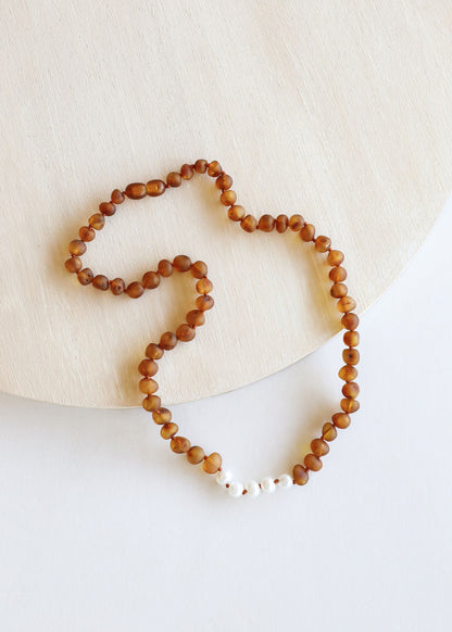 Raw Cognac Baltic Amber & Pearl Baby Teething Necklace – Handmade Genuine Baltic Amber Jewelry