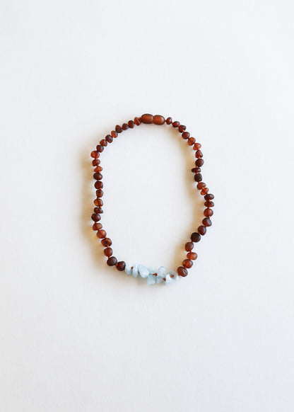 Raw Cognac Baltic Amber & Aquamarine Baby Teething Necklace – Handmade Genuine Baltic Amber Jewelry