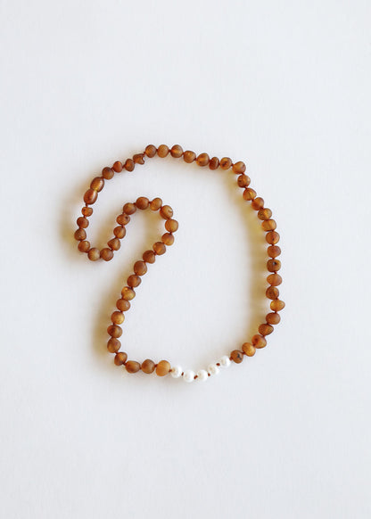 Raw Cognac Baltic Amber & Pearl Baby Teething Necklace – Handmade Genuine Baltic Amber Jewelry