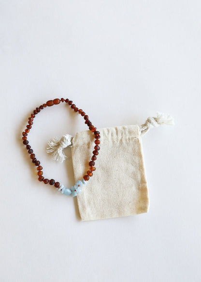 Raw Cognac Baltic Amber & Aquamarine Baby Teething Necklace – Handmade Genuine Baltic Amber Jewelry