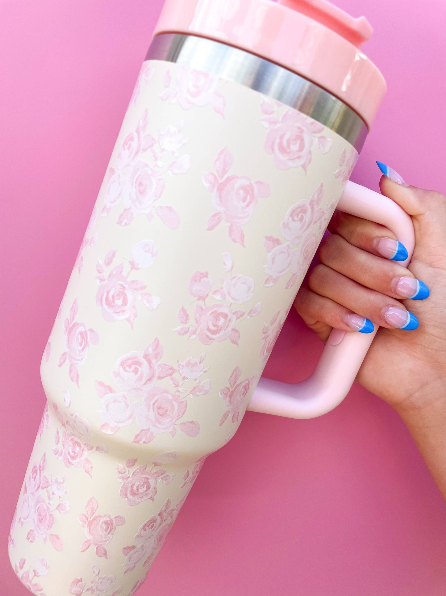 Cream & Pink Floral 40oz Tumbler | Stainless Steel Insulated Cup