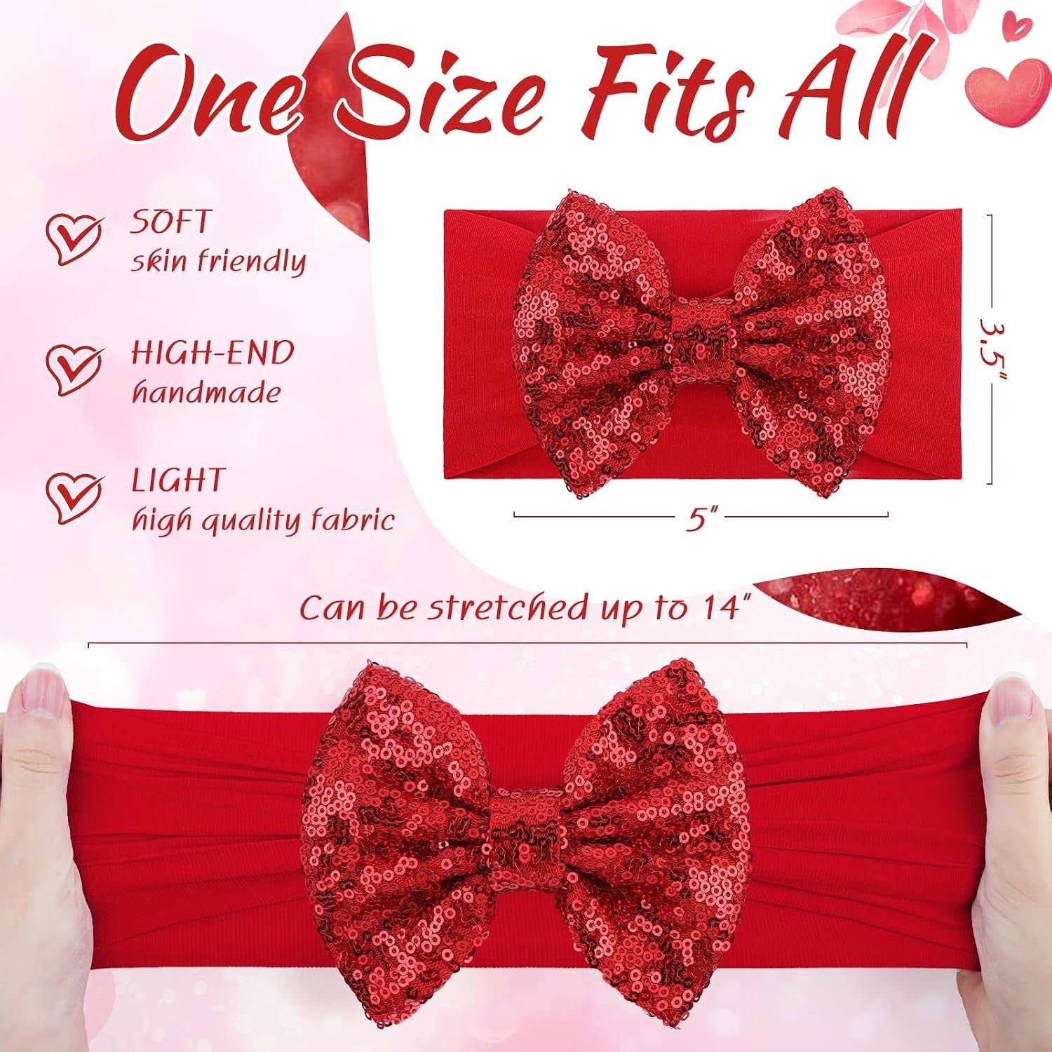 Valentines Day Pink Bows for Girls Sequins Large Bows Red Headband Toddler Glitter Hair Bow Hair Accessories Pink Headband Bows Infant