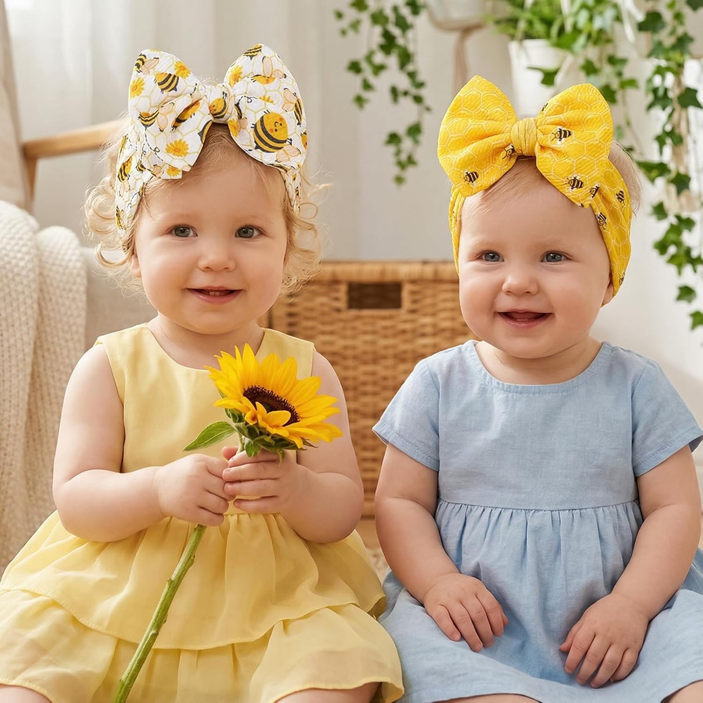 2Pcs Bee Baby Headband Yellow Hair Bows for Girls Large Spring Summer Flower Headband Toddler Girls Nylon Hair Accessories Big Bows Hairband