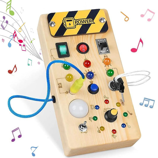 Montessori Busy Board for Toddlers – Wooden Sensory Toy with LED Light Switches for Ages 2–4