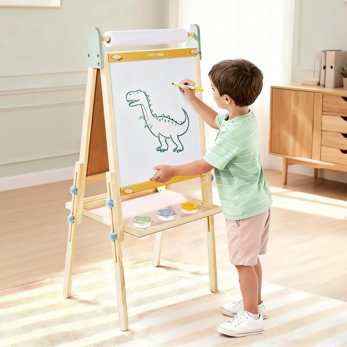 Tiny Land® 3-in-1 Kids Art Easel – Double-Sided Chalkboard & Magnetic Whiteboard with 2 Paper Rolls