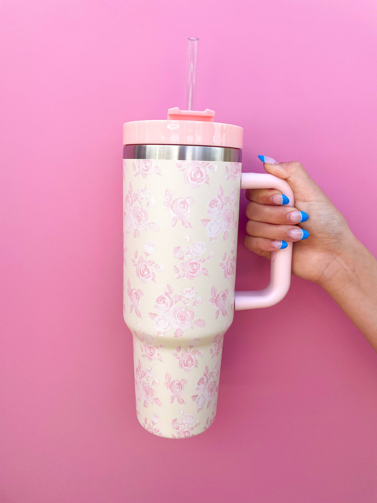 Cream & Pink Floral 40oz Tumbler | Stainless Steel Insulated Cup