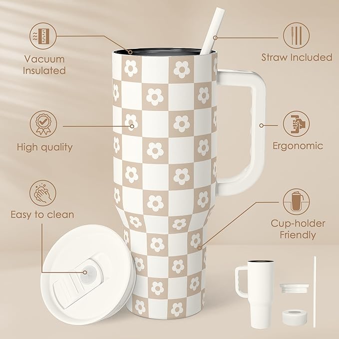 Brown Checker Daisy 40 oz Tumbler with Handle & Straw Lid – Insulated Travel Cup