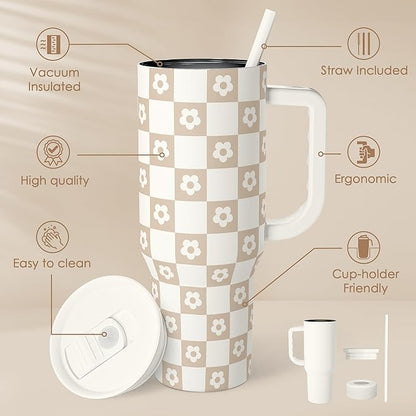 Brown Checker Daisy 40 oz Tumbler with Handle & Straw Lid – Insulated Travel Cup