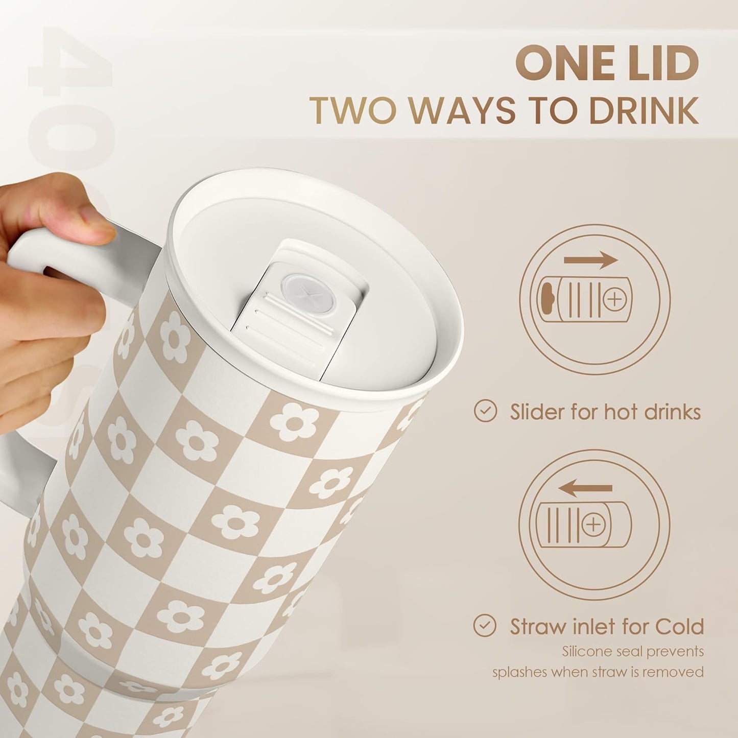 Brown Checker Daisy 40 oz Tumbler with Handle & Straw Lid – Insulated Travel Cup