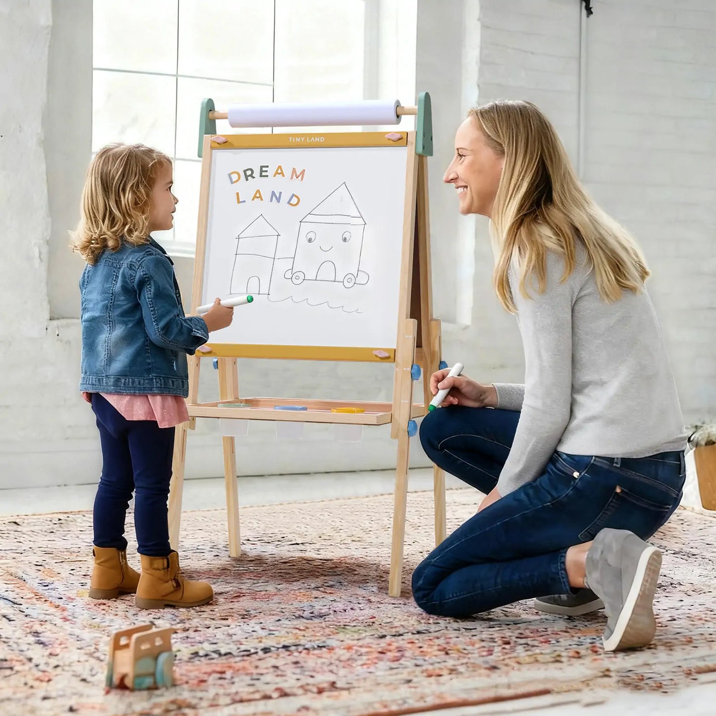 Tiny Land® 3-in-1 Kids Art Easel – Double-Sided Chalkboard & Magnetic Whiteboard with 2 Paper Rolls