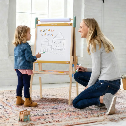 Tiny Land® 3-in-1 Kids Art Easel – Double-Sided Chalkboard & Magnetic Whiteboard with 2 Paper Rolls