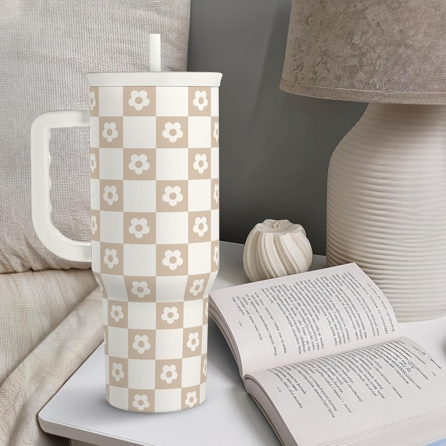 Brown Checker Daisy 40 oz Tumbler with Handle & Straw Lid – Insulated Travel Cup