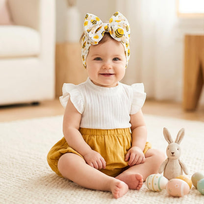 2Pcs Bee Baby Headband Yellow Hair Bows for Girls Large Spring Summer Flower Headband Toddler Girls Nylon Hair Accessories Big Bows Hairband