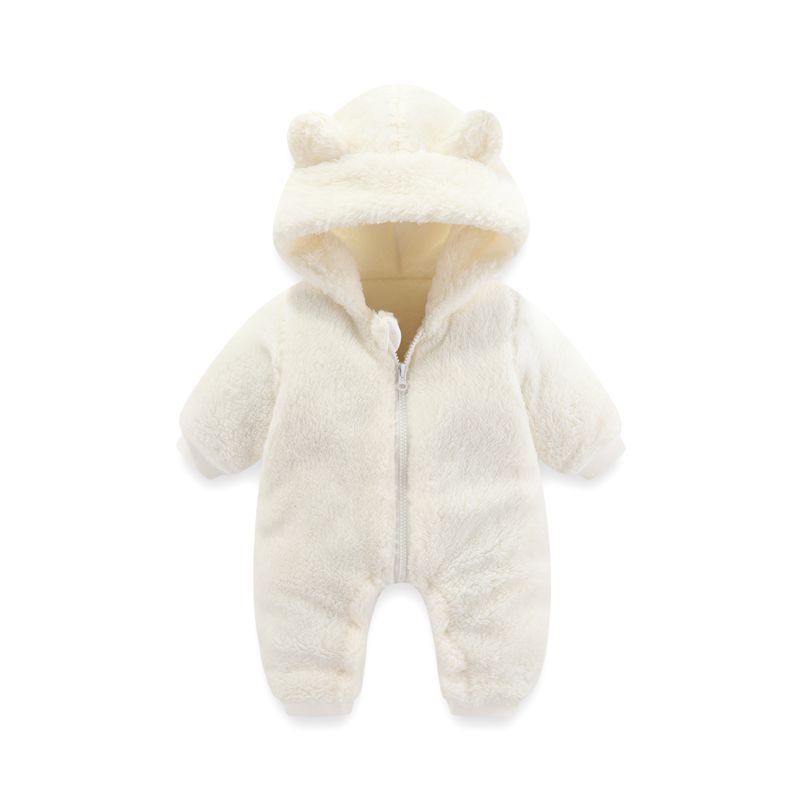 Baby Coral Fleece Hooded Romper | Warm Zip-Up Onesie for Newborns & Infants