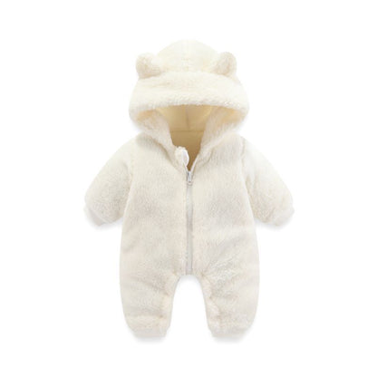 Baby Coral Fleece Hooded Romper | Warm Zip-Up Onesie for Newborns & Infants