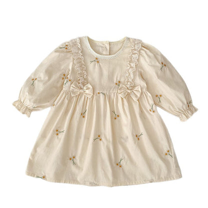 Baby Girl Floral Embroidered Bow Long-Sleeve Dress