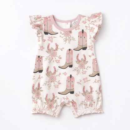 Pink Cowgirl Baby Bubble Romper | 100% Cotton Western Flutter Sleeve One-Piece